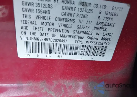 2013 Honda Fit Sport from USA, damaged, VIN JHMGE8H57DC026497